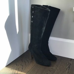 Black suede high heeled boots